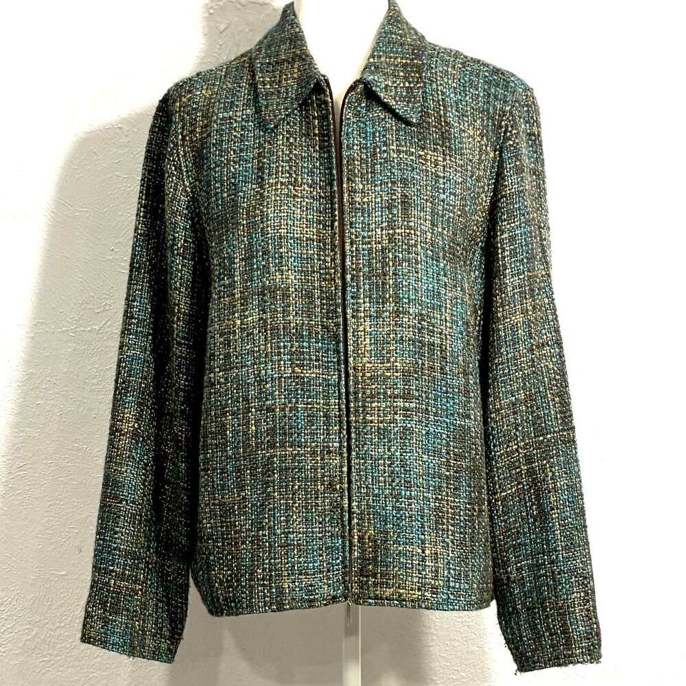 Coldwater Creek Gray/Agua/Tan/Brown Textured Woven Jacket Size Medium, Lined
